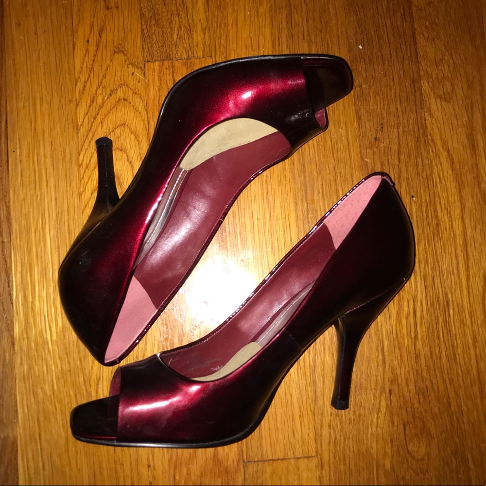 BCBG Red Peep Toe Patent Leather Heels
